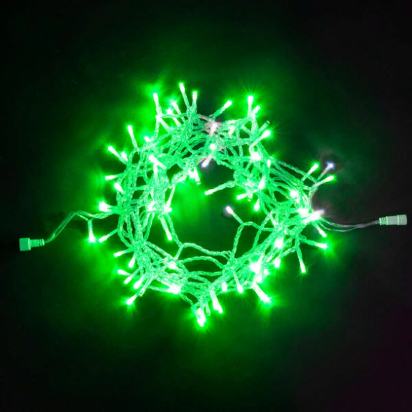 Светодиодная нить 100 зеленых LED ламп с мерцанием, 10 м., 24В, прозрачный провод ПВХ, LTC (PST100BLW-10-1G) 