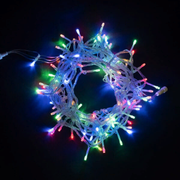 Светодиодная нить 100 разноцветных LED ламп с мерцанием, 10 м., 24В, прозрачный провод ПВХ, LTC (PST100BLW-10-1M) 