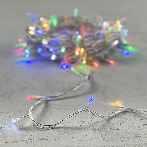 Светодиодная нить 100 разноцветных LED ламп с мерцанием, 10 м., 24В, прозрачный провод ПВХ, LTC (PST100BLW-10-1M) 