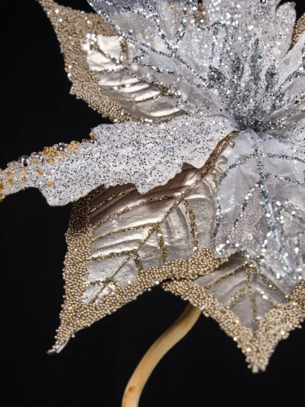 Декоративный цветок Пуансеттия 24х20 см., платина с серебром, на клипсе, Christmas DeLuxe (88921) 