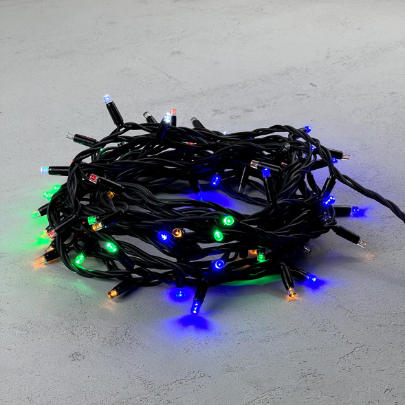 Гирлянда Нить 10 м., Разноцветная с Мерцанием Белого Диода 220В, 75 LED, Провод Черный Каучук, IP65, LTC (LL75BLW-1-2M)  