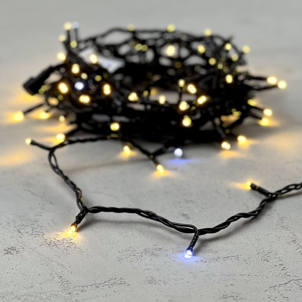 Светодиодная нить 100 теплых белых LED ламп с мерцанием, 10 м., 24В., черный провод ПВХ, LTC (PST100BLW-11-1WW) 