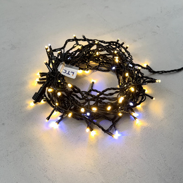 Светодиодная нить 100 теплых белых LED ламп с мерцанием, 10 м., 24В., черный провод ПВХ, LTC (PST100BLW-11-1WW) 