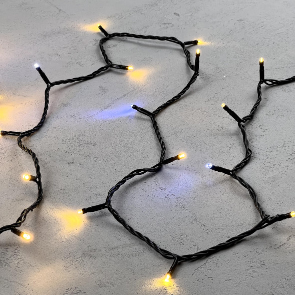 Светодиодная нить 100 теплых белых LED ламп с мерцанием, 10 м., 24В., черный провод ПВХ, LTC (PST100BLW-11-1WW) 