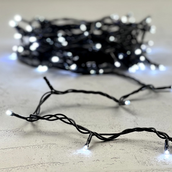 Светодиодная нить 100 холодных белых LED ламп с мерцанием, 10 м., 24В., черный провод ПВХ, LTC (PST100BLW-11-1W) 