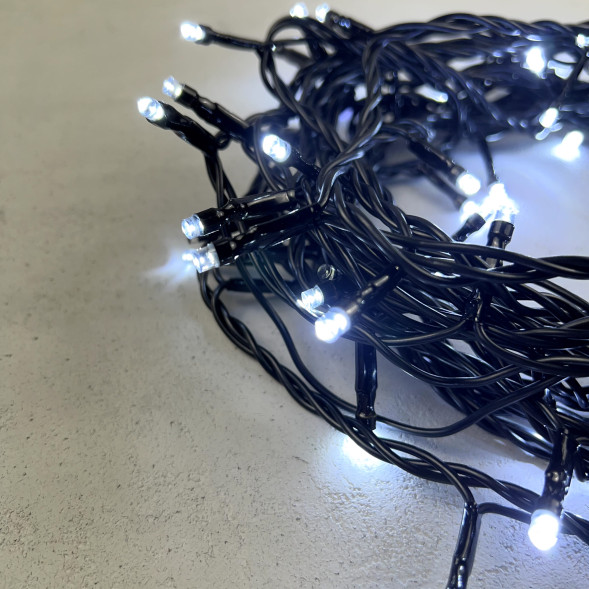 Светодиодная нить 100 холодных белых LED ламп с мерцанием, 10 м., 24В., черный провод ПВХ, LTC (PST100BLW-11-1W) 