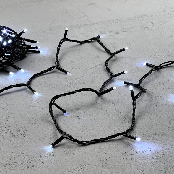 Светодиодная нить 100 холодных белых LED ламп с мерцанием, 10 м., 24В., черный провод ПВХ, LTC (PST100BLW-11-1W) 