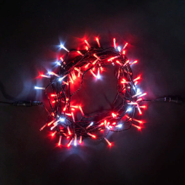 Светодиодная нить 100 красных LED ламп с мерцанием, 10 м., 24В., черный провод ПВХ, LTC (PST100BLW-11-1R) 
