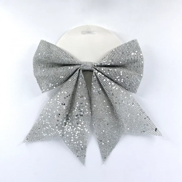 Бант Бриджит 20x24 см., 1 шт., серебро с пайетками, Christmas DeLuxe (86840)  